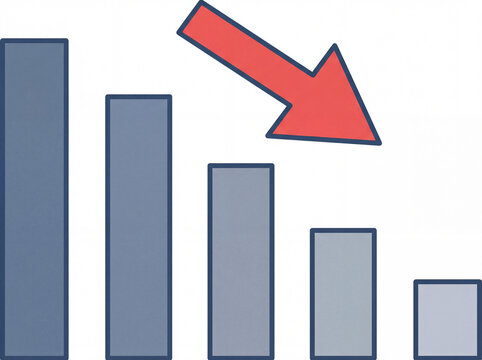 Clean infographic downward chart with red arrow and decreasing bars on white background concept