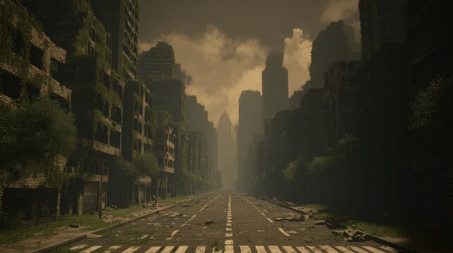 Lost civilization. Fantasy. A moody, atmospheric depiction of a postapocalyptic urban landscape. The main subject is a narrow, empty road lined with tall, dilapidated buildings on both sides.