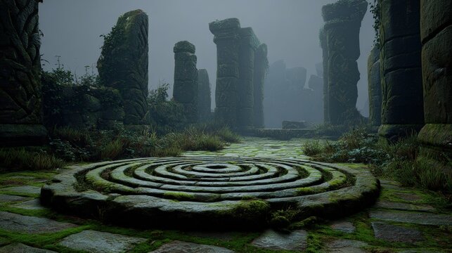 Lost civilization. Fantasy. A moody, atmospheric portrayal of an ancient stone structure, likely a temple or monument, set against a misty backdrop. The main subject is a circular stone labyrinth.