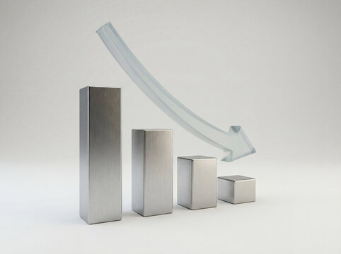 Minimal 3D graph bars decreasing left to right with falling arrow clean corporate style