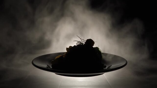 A Delicious Plate of Food Emerging from a Cloud of Steam Under Dramatic Lighting