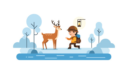 Obraz premium An adorable hiker with a backpack and lantern encounters a friendly deer in a peaceful, blue-toned winter forest by a small stream.