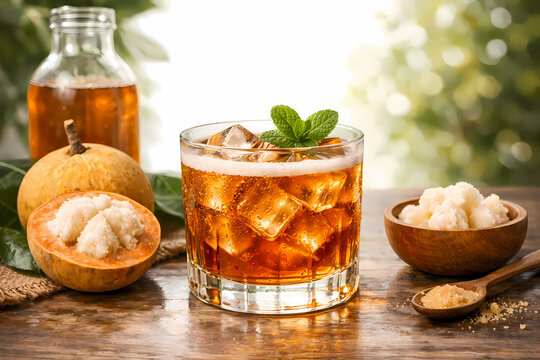 Refreshing glass of iced tea with mint leaf served with fresh santol fruit, brown sugar, and tea bottle on a rustic wooden table. Warm natural lighting with bokeh garden background.
