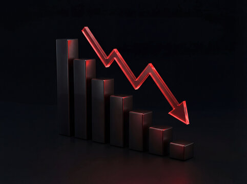 Dark Financial Bars Decreasing with Red Arrow Pointing Downward Market Loss Concept Bearish Investment Graph
