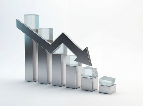 Business decline graph with falling arrow and decreasing columns on white studio background concept