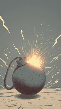Close-up of a classic round black bomb with a lit fuse sparking.