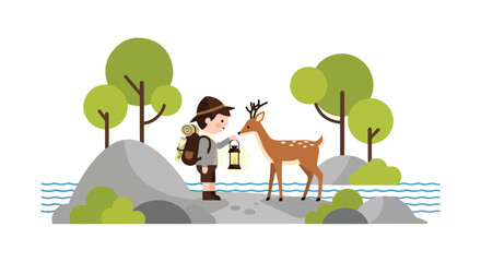 A young boy in scout gear stands near a river, holding a glowing lantern as he encounters a friendly spotted deer in the woods. © Syifa