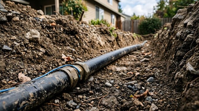 Exposed underground water pipe system undergoing repair or replacement in a residential backyard trench
