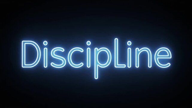 The word Discipline glowing in blue neon letters on a dark background, symbolizing focus and self-control.