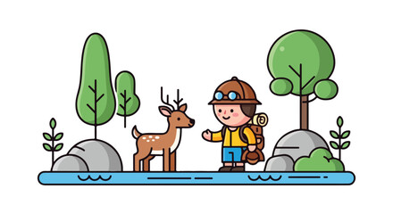 A young explorer with a backpack and goggles stands by a stream in a forest, encountering a friendly deer amidst trees and rocks. © Syifa
