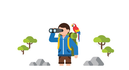 Fototapeta premium A male hiker with a backpack and binoculars stands outdoors with a parrot on his shoulder, surrounded by stylized trees and grey rocks.