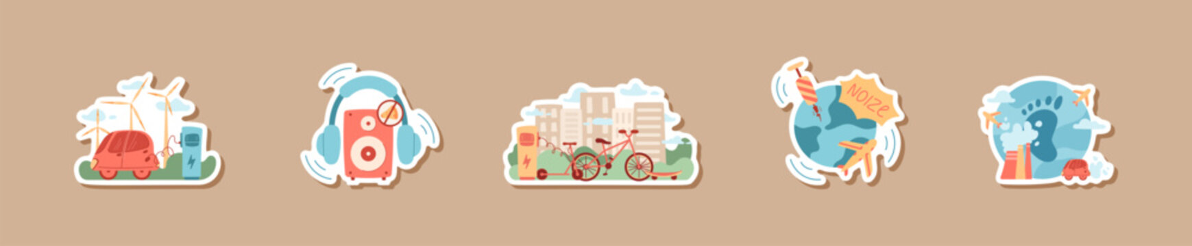Cute eco transport and planet icon set in flat cartoon graphic style sticker. Collection of electrical transport, bicycle and green car for sustainable environment climate care. Colorful sticker row