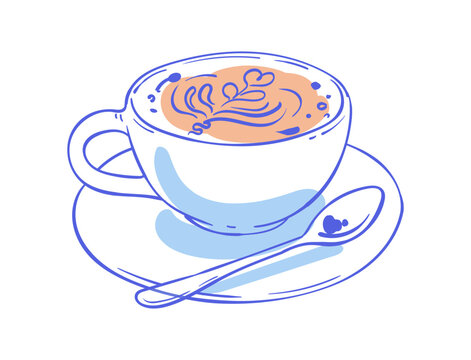 Warm cappuccino coffee cup doodle in soft blue and cream color. Cute coquette cafe drink as hot breakfast mug with saucer and spoon. Minimalist ink line sketch icon for cozy menu or morning poster