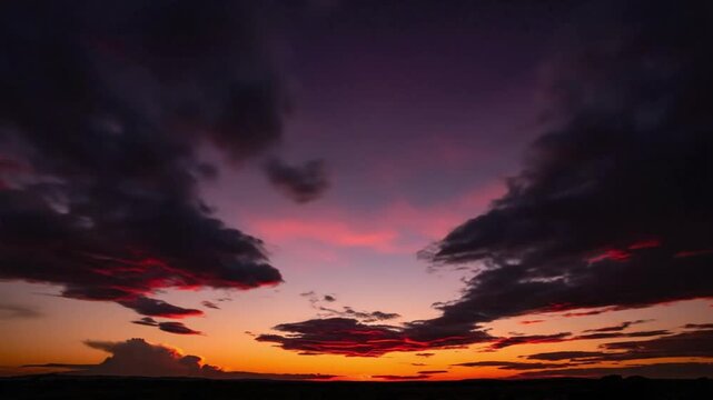 Timelapse of clouds moving in sky at sunset over open field with changing colors and light