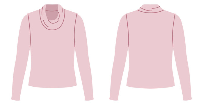 Pink long sleeve cowl neck top draped neckline and oversized silhouette, soft folds shaping upper part and smooth structure. Technical fashion illustration in flat color, front and back views. Vector