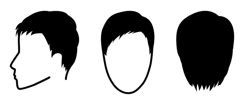 Pixie cut hairstyle silhouette front profile back view, simple short haircut shape clean outline for icon, logo, avatar, minimal design, abstract beauty, fashion graphic