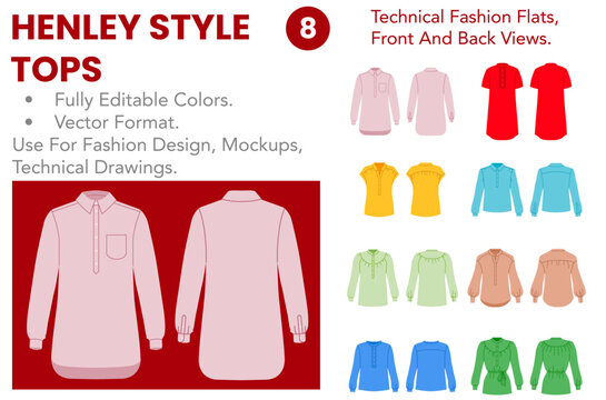 Henley Style Tops collection featuring editable technical fashion flats with front and back views, color versions, partial button plackets and relaxed casual silhouettes. Vector illustration