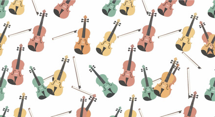 Seamless pattern of colorful violins and bows on white background, musical instruments © steven