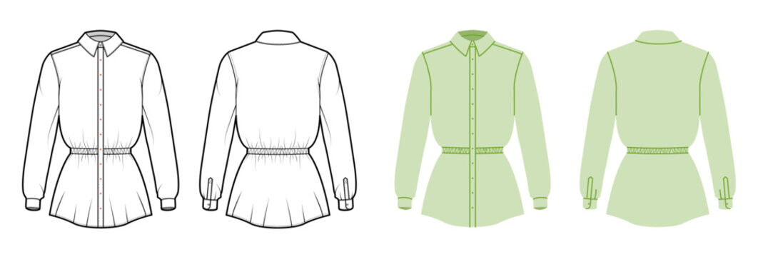 Shirt dress drawstring waist, button closure and long sleeves creating adjustable fitted silhouette relaxed upper shape. Technical fashion illustration in black white color, front back views. Vector