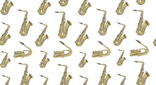 Seamless Pattern of Vintage Saxophones on White Background