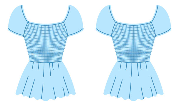Blue mini shirt top with smocked bodice, short sleeves and flared skirt with compact silhouette and gathered volume. Technical fashion illustration in flat color, front and back views. Vector