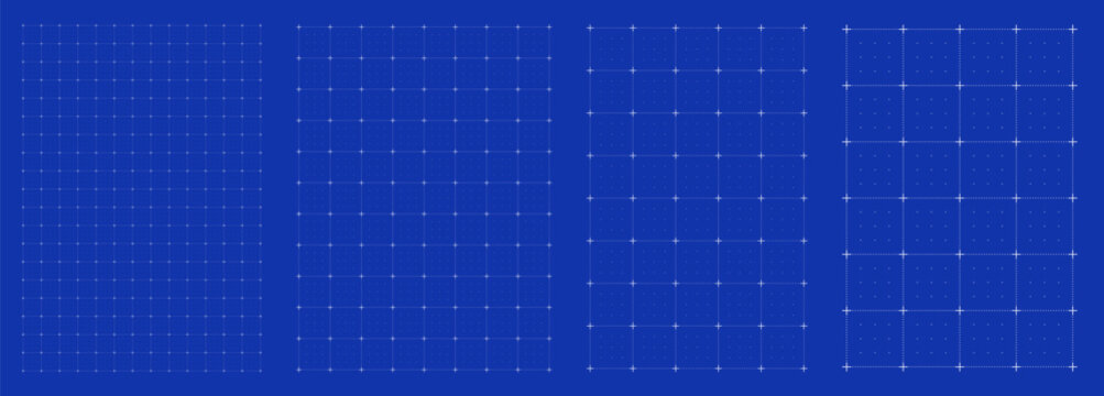 Blueprint grid set dot matrix cross geometry, four scale variations. Wide medium dense micro spacing comparison, engineering layouts dashboards pages interface planning systems technology graphics. 