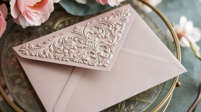 Elegant vintage embossed paper envelope with floral baroque flap on a transparent background.
