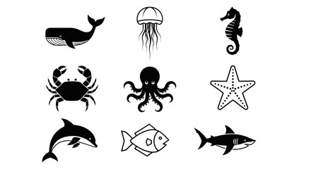 Black and white marine life silhouettes © Pajero