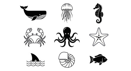 Black and white marine life silhouettes © Pajero
