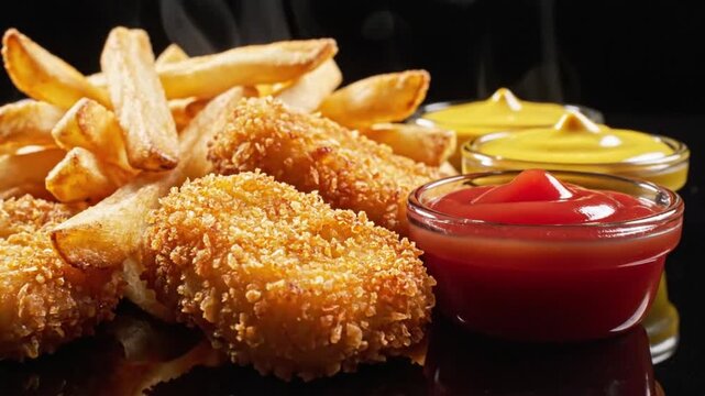 Enjoy tasty french fries and crispy chicken with ketchup and mustard in a close-up view
