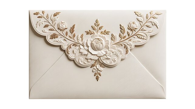Elegant vintage embossed paper envelope with floral baroque flap on a transparent background.
