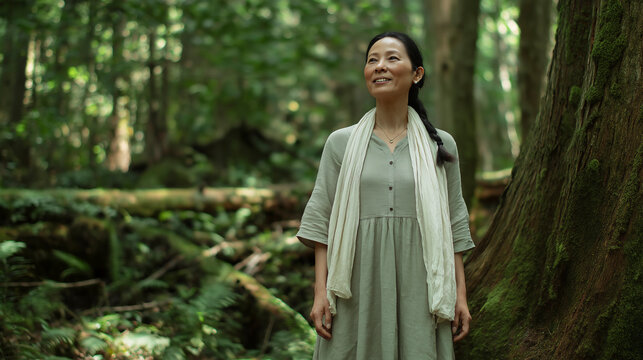 Woman Meditating in Lush Forest, Peaceful Nature Scene