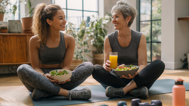Fit Mother and Daughter Enjoying Healthy Meal Post Workout