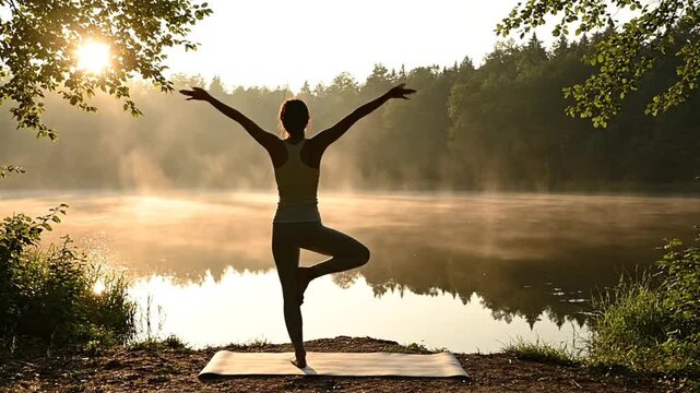 Woman doing tree pose yoga by misty lake at sunrise