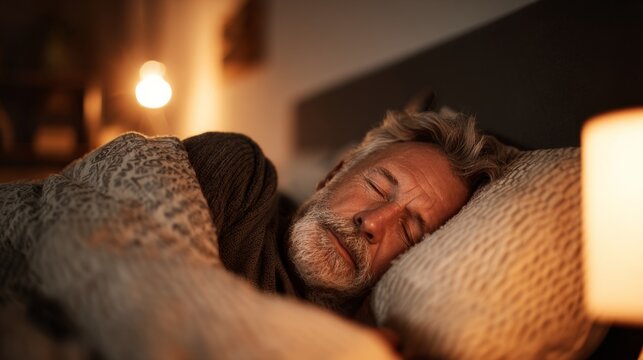 Senior man sleeps in cozy bedroom at night with warm light from lamp and soft bedding around him