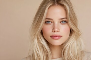 Naklejka premium Female model showcases long blonde hair and lip look in close-up against beige background during a portrait session in studio
