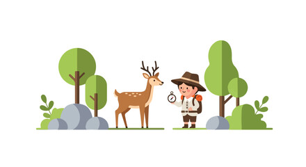 A young explorer with a compass stands near a graceful deer in a minimalist forest landscape with stylized trees and rocks. © Syifa