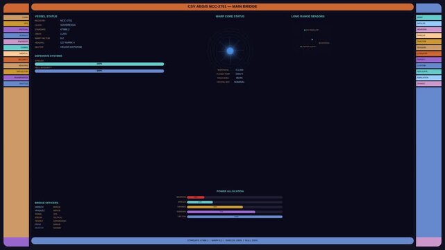 Futuristic starship bridge control panel with rounded UI elements warp core display and crew status dashboard 4K