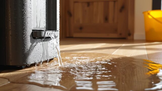 Water leaking from appliance on floor ideal for restaurant branding and gastronomy vlogs