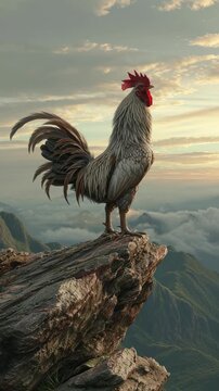 Majestic rooster standing on rocky cliff with mountain landscape at sunrise.