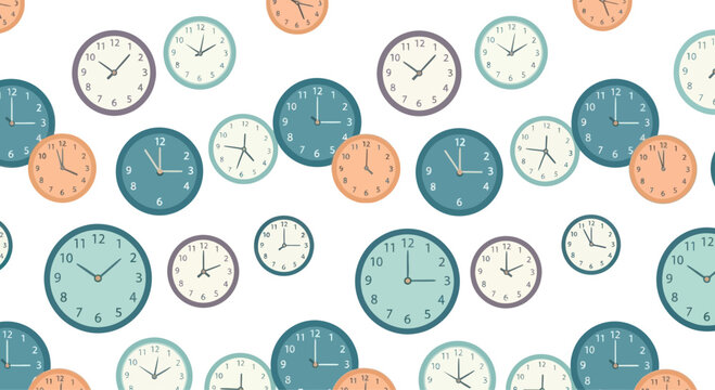 Seamless pattern of vintage clocks in various colors and sizes