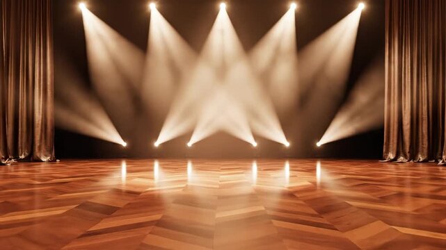 Empty stage with spotlights and curtains emphasizing modern aesthetics and minimalist design