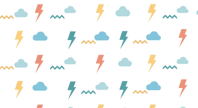 Seamless pattern of clouds and lightning bolts, weather icons, vector illustration