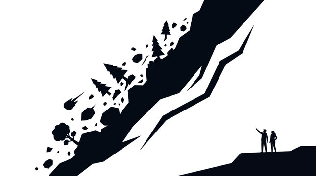Illustration of a landslide disaster vector with two people standing on a hill, conveying a sense of environmental disaster and crisis situation in a graphic resource format.
