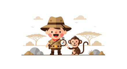 This cute vector illustration features a young boy in safari gear holding a compass alongside a monkey friend in a flat African savanna landscape. © Syifa