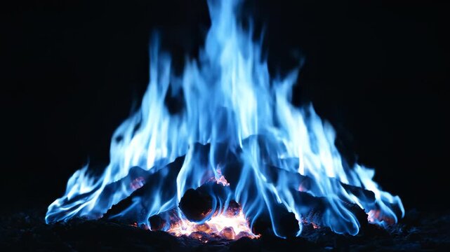 Blue flames burning on dark background highlighting geometric patterns and contemporary art