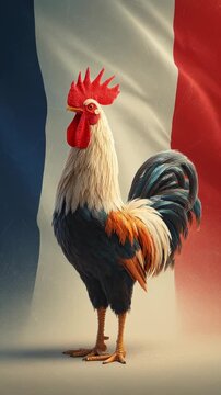 Colorful rooster standing proudly in front of a French flag background.