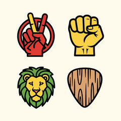 Fototapeta premium Set of four illustrative icons featuring a peace sign a fist a lion head and a guitar pick.