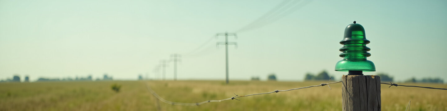 Vintage green glass insulator on a weathered wooden fence post. Rural landscape with utility poles and power lines in blurred background. Telecommunication Day banner