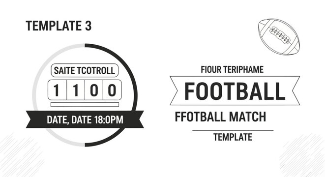 Football match event template with scoreboard and ball icon, black and white sports graphic design